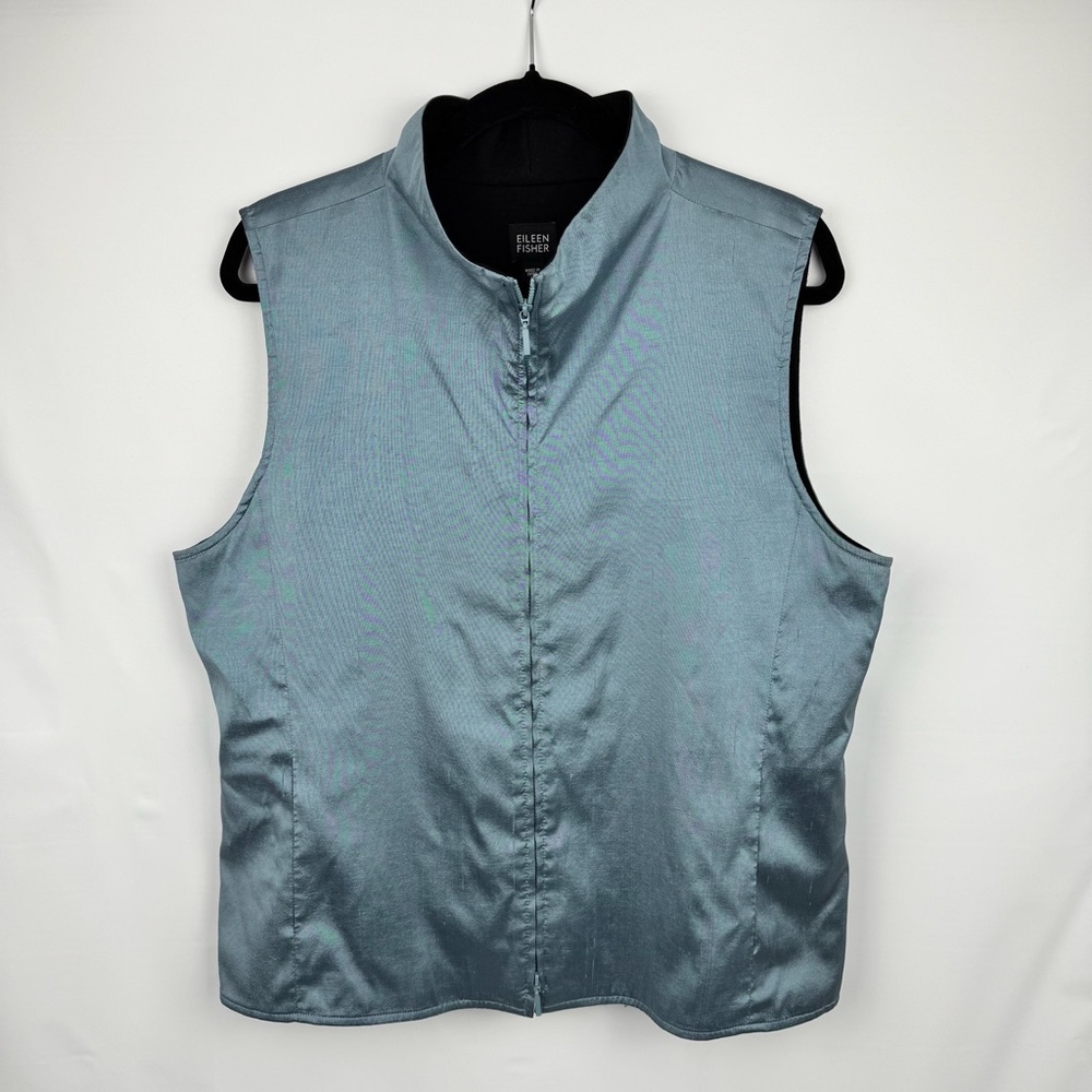 EILEEN FISHER 100% silk dupioni iridescent wool lined zip sleeveless vest